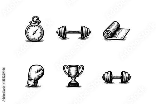 Vintage fitness icons: stopwatch, dumbbells, yoga mat, boxing glove, trophy