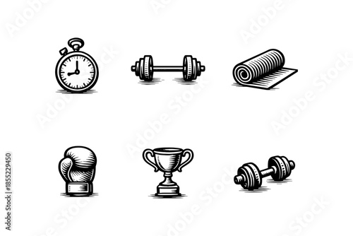 Black and white gym equipment icons featuring stopwatch, dumbbells, and boxing glove