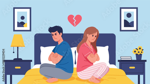 Modern flat vector illustration of man and woman sitting apart on bed, emotional distance after breakup, ideal for relationship conflict visuals