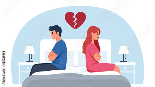 Modern flat vector illustration of man and woman sitting apart on bed, emotional distance after breakup, ideal for relationship conflict visuals