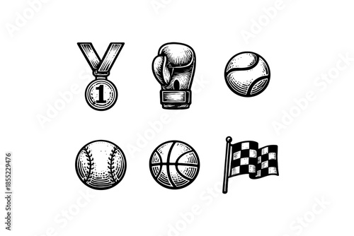 Vintage sports icon set featuring medals, equipment, and checkered flag