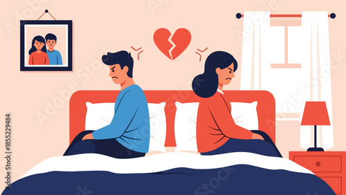 Modern flat vector illustration of man and woman sitting apart on bed, emotional distance after breakup, ideal for relationship conflict visuals