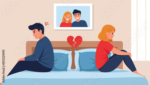 Modern flat vector illustration of man and woman sitting apart on bed, emotional distance after breakup, ideal for relationship conflict visuals