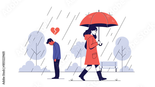 Modern flat vector illustration of woman walking away under umbrella while man stands behind, emotional breakup scene, ideal for heartbreak storytelling