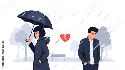 Modern flat vector illustration of woman walking away under umbrella while man stands behind, emotional breakup scene, ideal for heartbreak storytelling