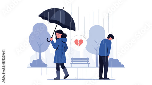 Modern flat vector illustration of woman walking away under umbrella while man stands behind, emotional breakup scene, ideal for heartbreak storytelling