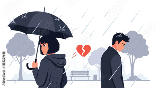 Modern flat vector illustration of woman walking away under umbrella while man stands behind, emotional breakup scene, ideal for heartbreak storytelling