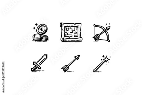 Retro style adventure icons set: coins, map, bow, sword, arrow, wand