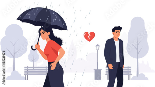 Modern flat vector illustration of woman walking away under umbrella while man stands behind, emotional breakup scene, ideal for heartbreak storytelling