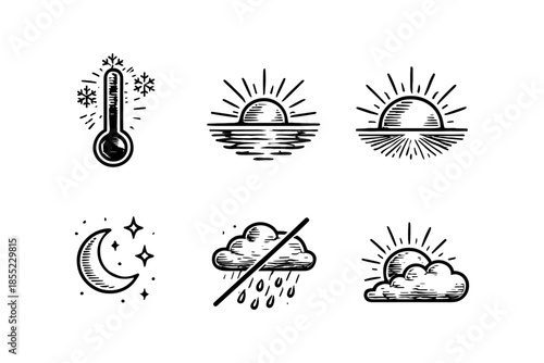 Hand-drawn weather icons set featuring sun, moon, clouds, and thermometer in vintage style