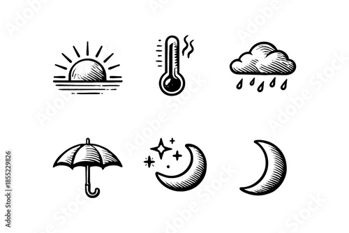 Weather icons collection featuring sun, temperature, rain, umbrella, moon, and stars in vintage style