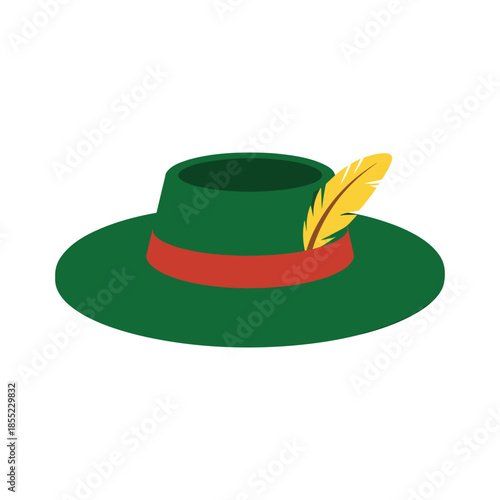 Green hat with red band and yellow feather decoration vector illustration on white background.