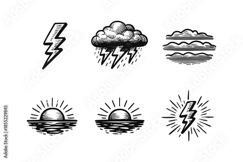Vintage weather icons with sun, lightning, and cloud designs