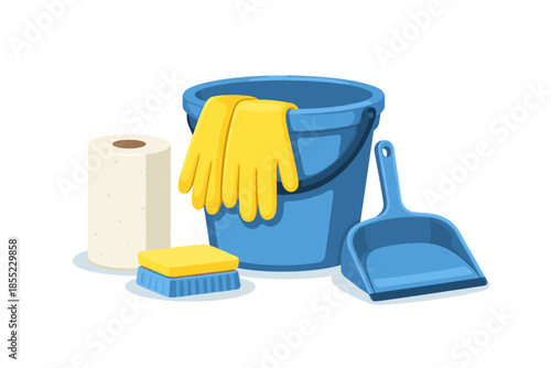 Cleaning supplies set with bucket, gloves, sponge, and dustpan on white background