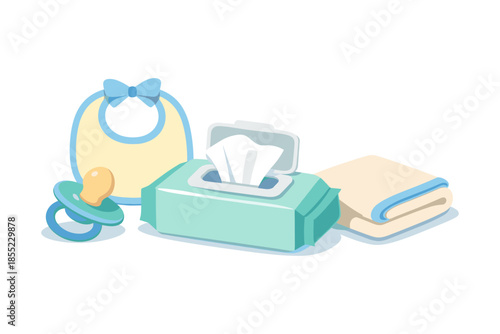 Baby essentials set with bib, pacifier, wipes, and blanket on white background