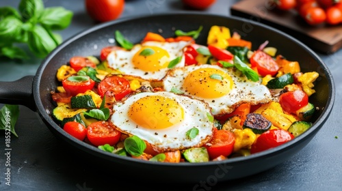 Breakfast Feast: A vibrant pan of delicious breakfast features perfectly cooked fried eggs, accompanied by a medley of fresh, colorful vegetables and aromatic herbs, a culinary experience.