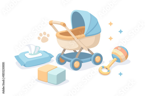 Cozy pastel baby essentials with stroller and toys in cute minimalist design
