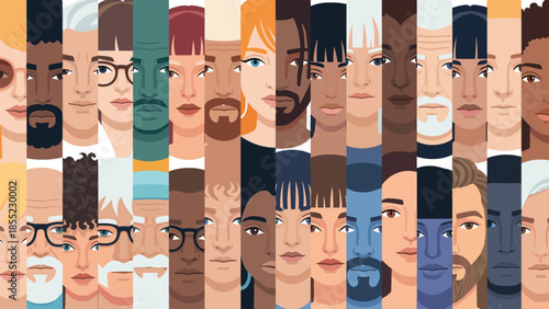Abstract composition featuring vertical strips displaying diverse faces of various ethnicities and ages, symbolizing multiculturalism, unity, and global diversity.