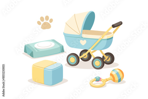 Pastel baby essentials set with stroller, rattle, and cube on white background