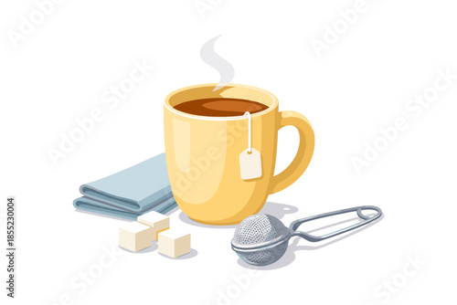 Warm cup of tea with sugar cubes and infuser on white background
