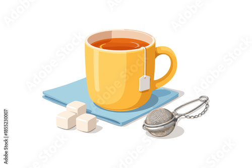 Cozy tea time: yellow mug with blue napkin, sugar cubes, and tea infuser