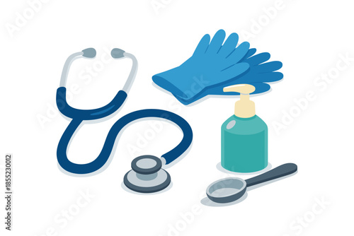Isometric medical tools set: stethoscope, gloves, sanitizer, and spoon on white background