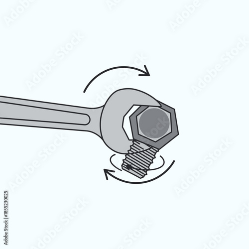 Wrench turning a bolt with directional arrows.