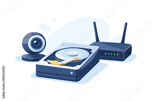 Computer accessories set with webcam, hard drive, and wireless router