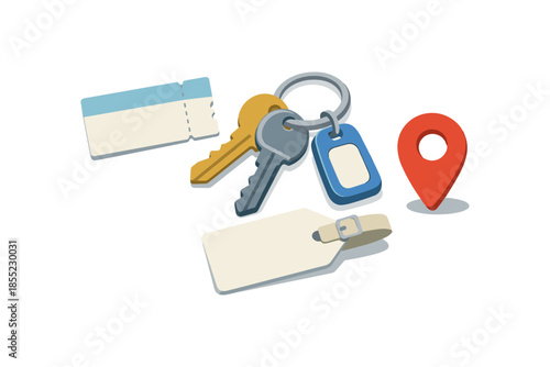 Isometric keychain with keys, labels, and location pin on white background