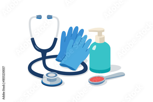 Medical essentials in modern isometric style with stethoscope and sanitizer