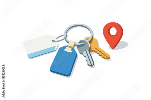 Isometric keyring with location marker on white background
