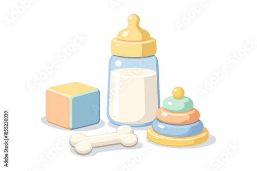 Cute pastel baby items with milk bottle and toys on white background