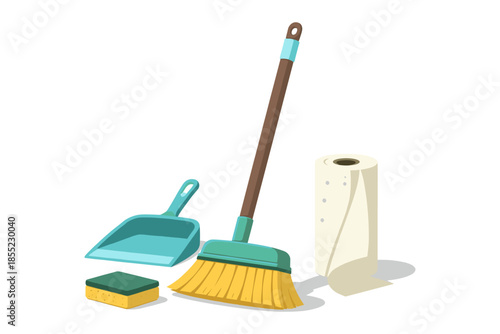 Essential household cleaning tools on white background