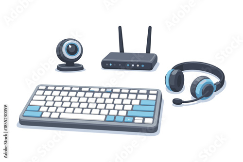 Modern office electronics: keyboard, webcam, router, headset in trendy isometric design