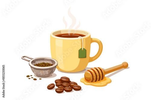 Cozy morning tea with coffee beans and honey drizzle in realistic style