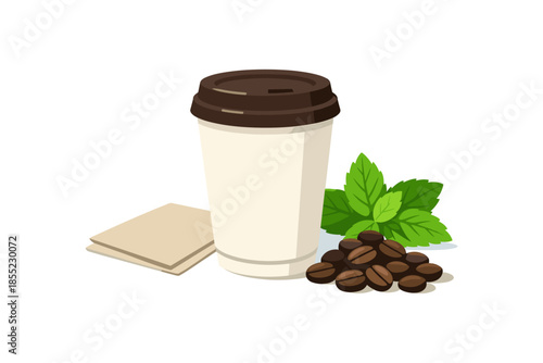 Takeaway coffee cup with lid, coffee beans, mint leaves, and napkins on white