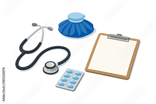 Healthcare essentials: stethoscope, ice pack, pills, and clipboard in isometric style