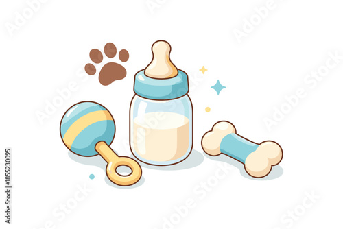 Flat baby bottle with rattle bone and paw print on white background