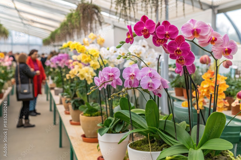 Fototapeta premium Visitors Admire a Variety of Orchids in a Greenhouse During Springtime