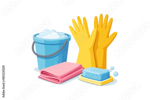 Cleaning essentials: bucket, gloves, soap, and towel in a vibrant flat design