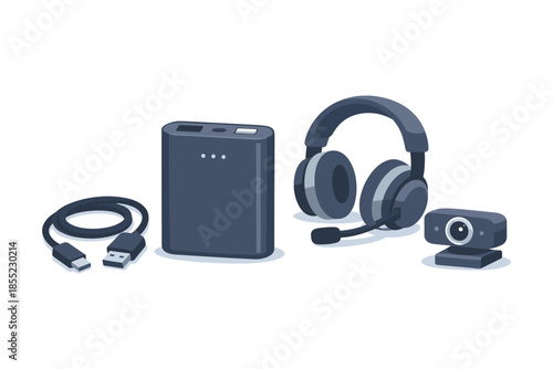 Modern gadgets: usb cable, portable charger, headphones, webcam on white background