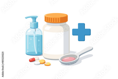 Pharmacy essentials: medicine bottles and pills with spoon in flat style