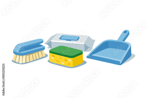 Cleaning supplies set with sponge, brush, tissue pack, and dustpan on white background