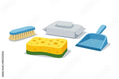 Cleaning tools set: brush, wipes, sponge, and dustpan illustration