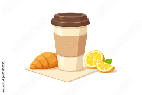 Coffee to go with croissant and lemon slices on white background