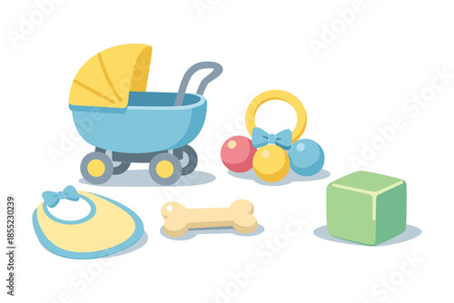 Playful baby essentials with toy stroller, bib, and colorful rattles on white background