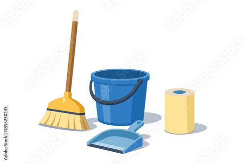 Cleaning tools set featuring broom, bucket, dustpan, and paper towel in flat design