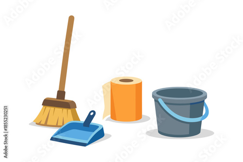 Cleaning supplies collection featuring broom, bucket, dustpan, and paper roll