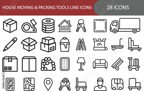 House moving and packing tools icon set. Containing cardboard boxes, delivery truck, tape dispenser, keys, furniture, ladder, dolly, and more.