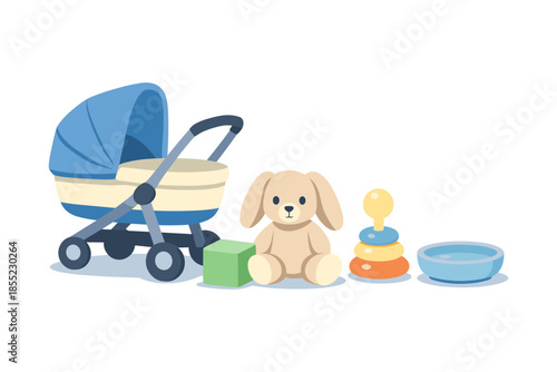 Baby essentials: stroller, toy bunny, blocks, and colorful stacking rings on white background